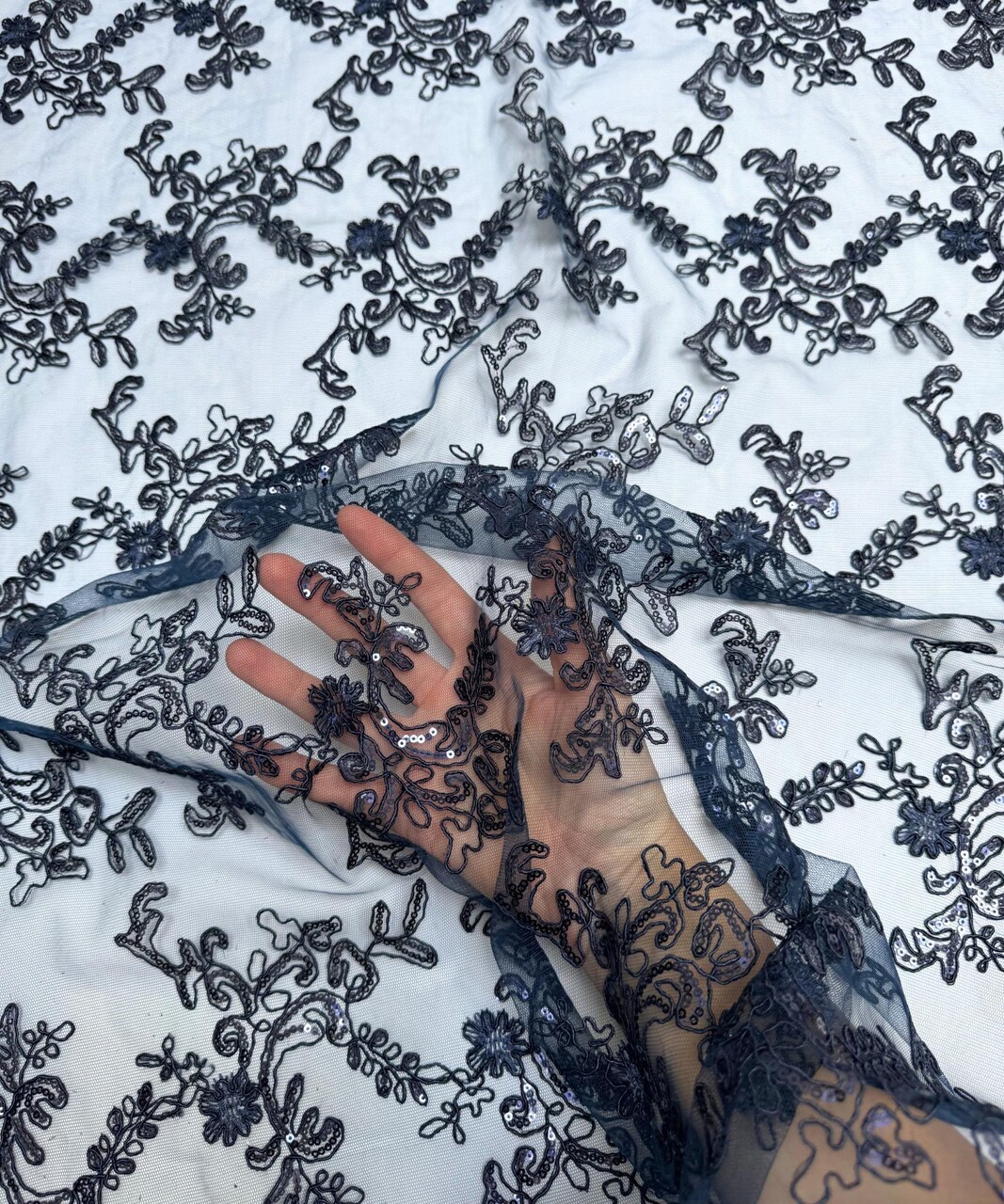 Sequin Embroidered Lace Fabric by the Yard, 54" Wide Floral Mesh Lace with Double Scalloped Edges